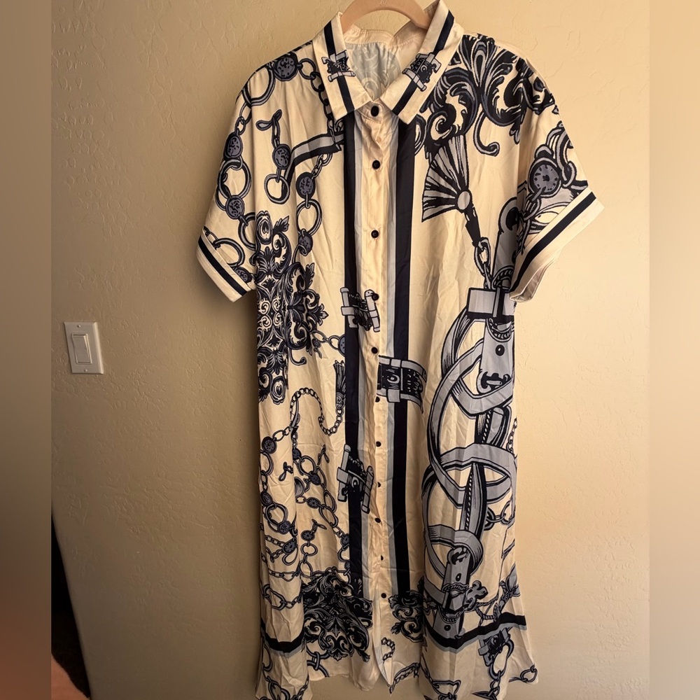 Women’s white and Blue Printed Button-Down Dress